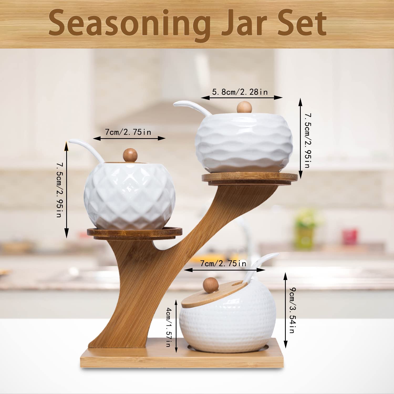 Ceramic condiment jars on a kitchen counter