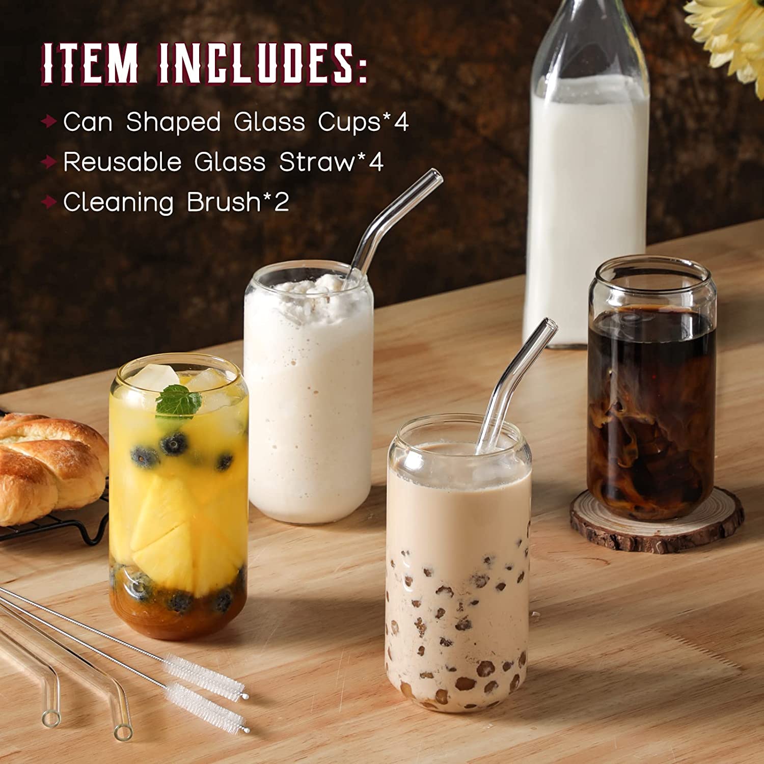 Can shaped glass tumbler with iced coffee