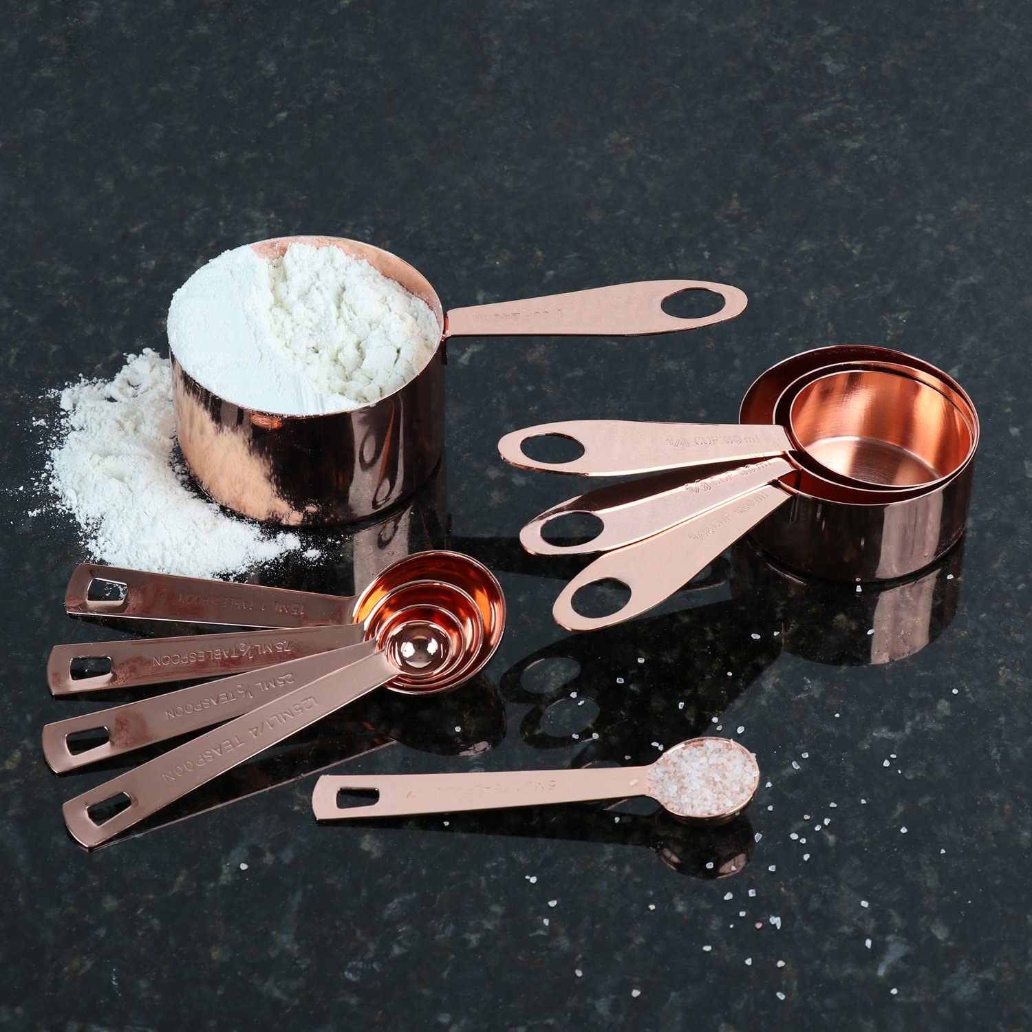 Solene copper measuring cups and spoons, nine pieces